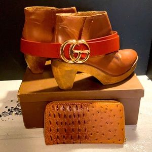 The Croc bundle: clogs, belt and handpurse. Crocodile print, tan faux leather